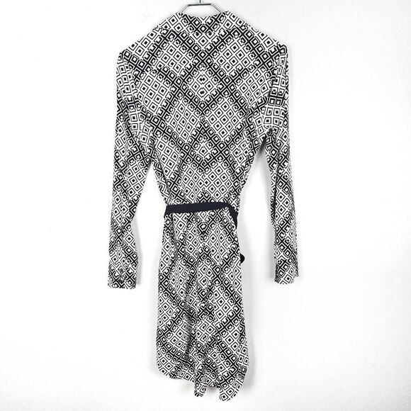 VINCE CAMUTO Women's Printed Crepe de Chine Shirtdress w/ Tie Belt Black White 4 - Picture 8 of 8